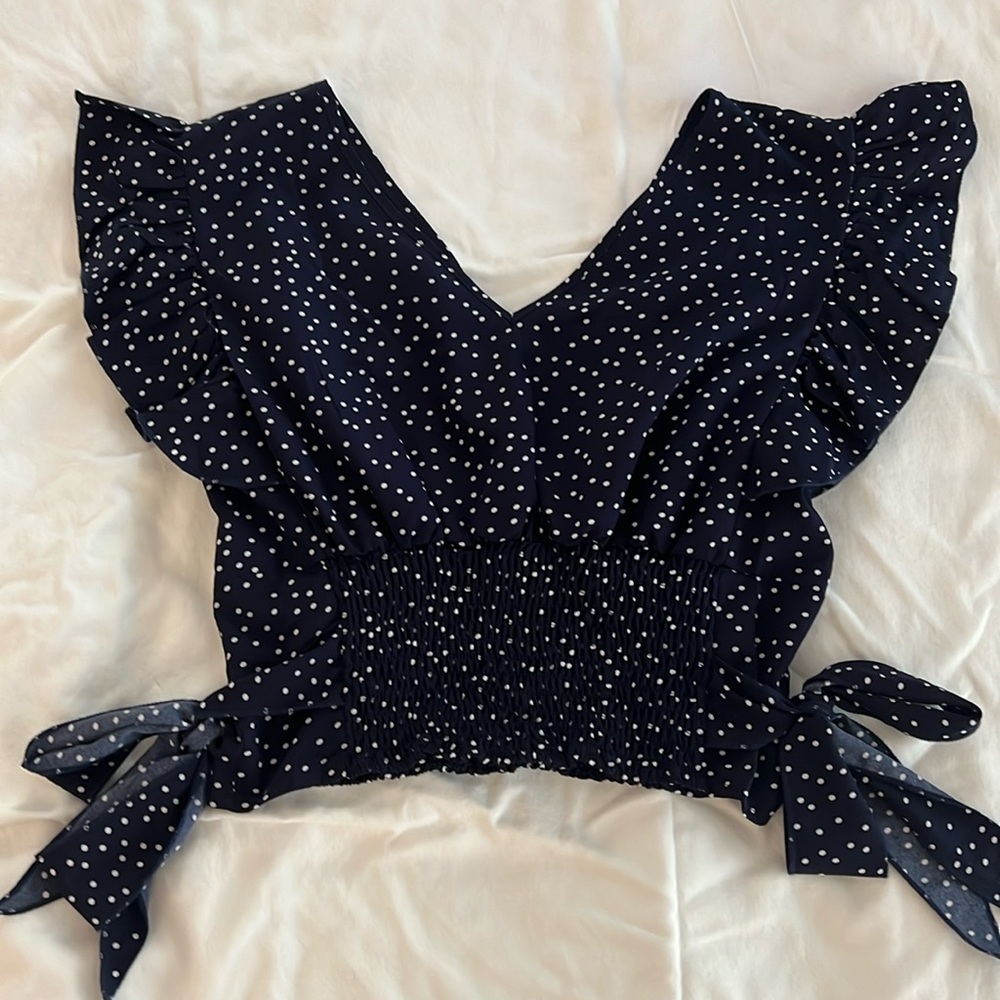 Navy Polka Dot Crop Blouse Size Medium